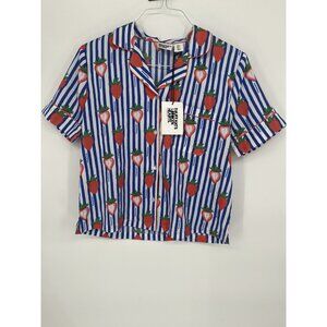 NEW Bouffants and Broken Hearts Short Sleeve Strawberry Striped Pajama Top Small